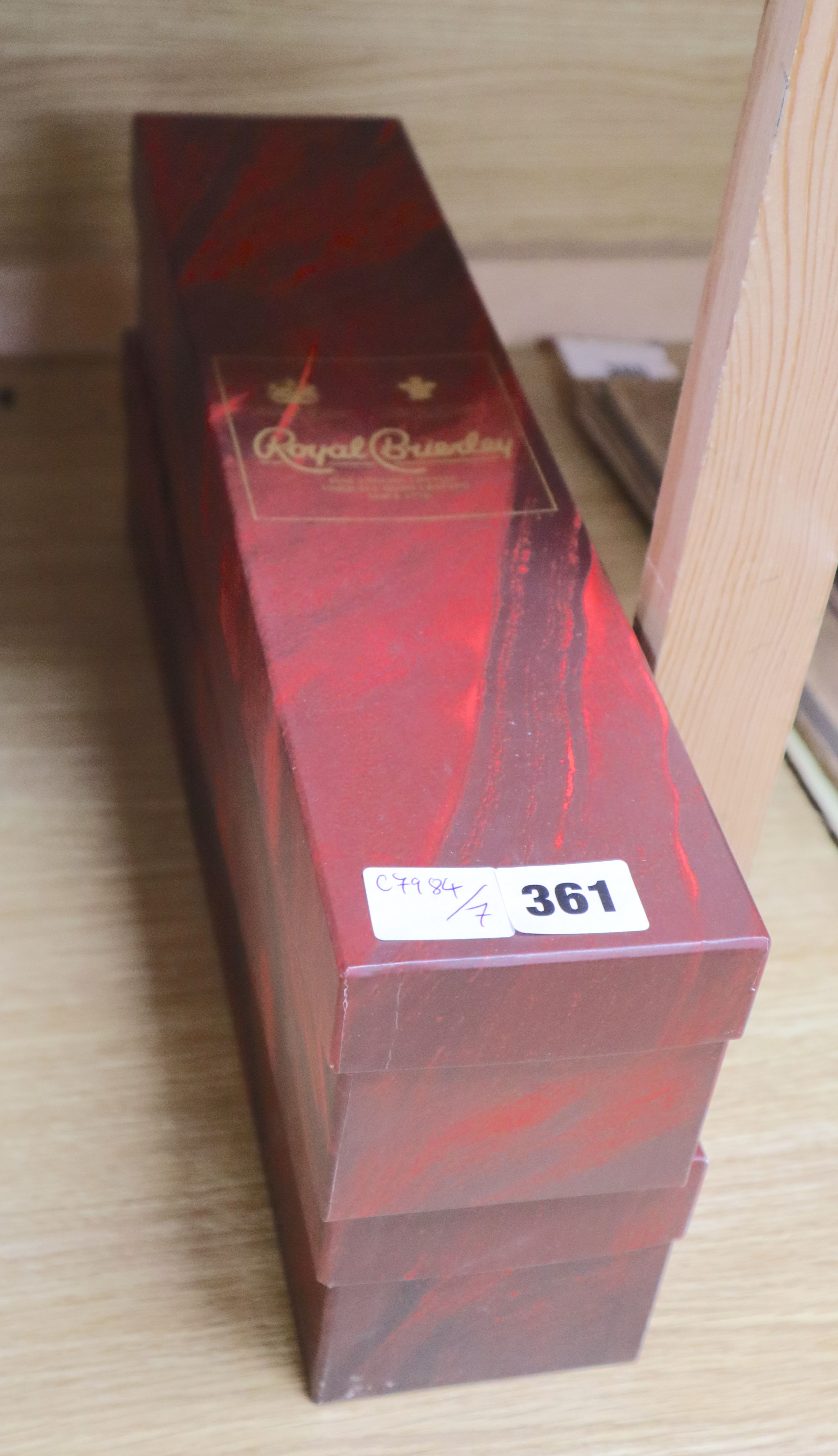 Two Royal Brierley tall glass champagne flutes, boxed, 40cm